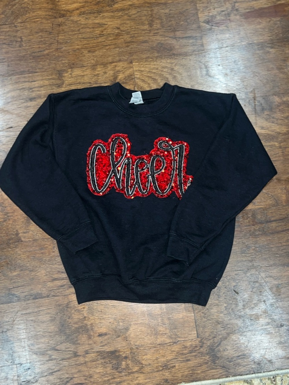 Gildan youth S Black Crewneck Sweatshirt with Red Sequin 'Cheer' Applique